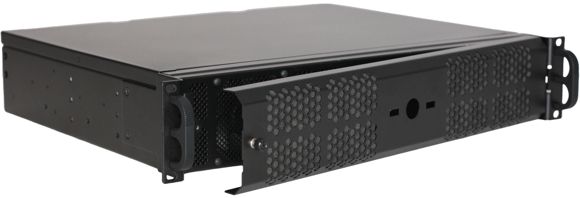 2U PC front angled front panel open