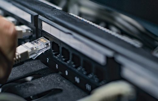 Macro photo of server ports with some ports occupied